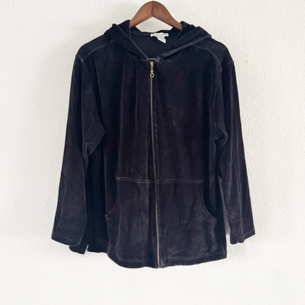 Y2K Velour Zip Up Hoodie Large Black Loungewear Cozy Athleisure Cotton Couture - Picture 2 of 12